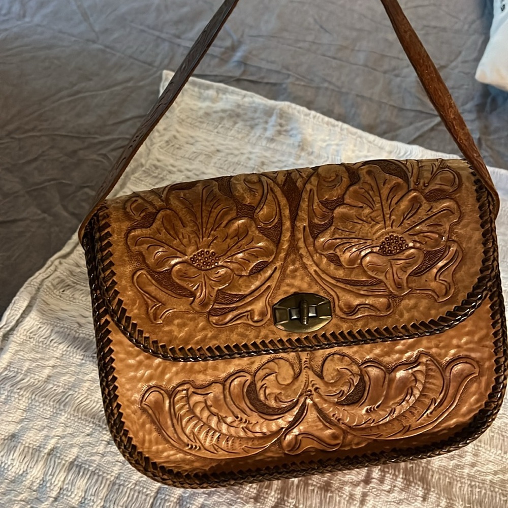 Vintage Brown  tooled leather shoulder bag